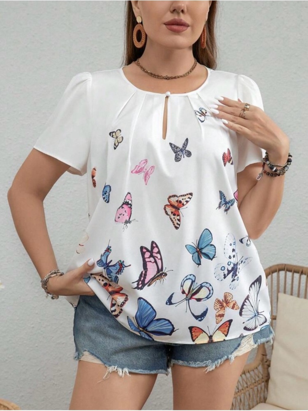 Shein Curve Women 3XL Butterfly Print Keyhole Neck Short Sleeve Blouse White - Picture 10 of 11